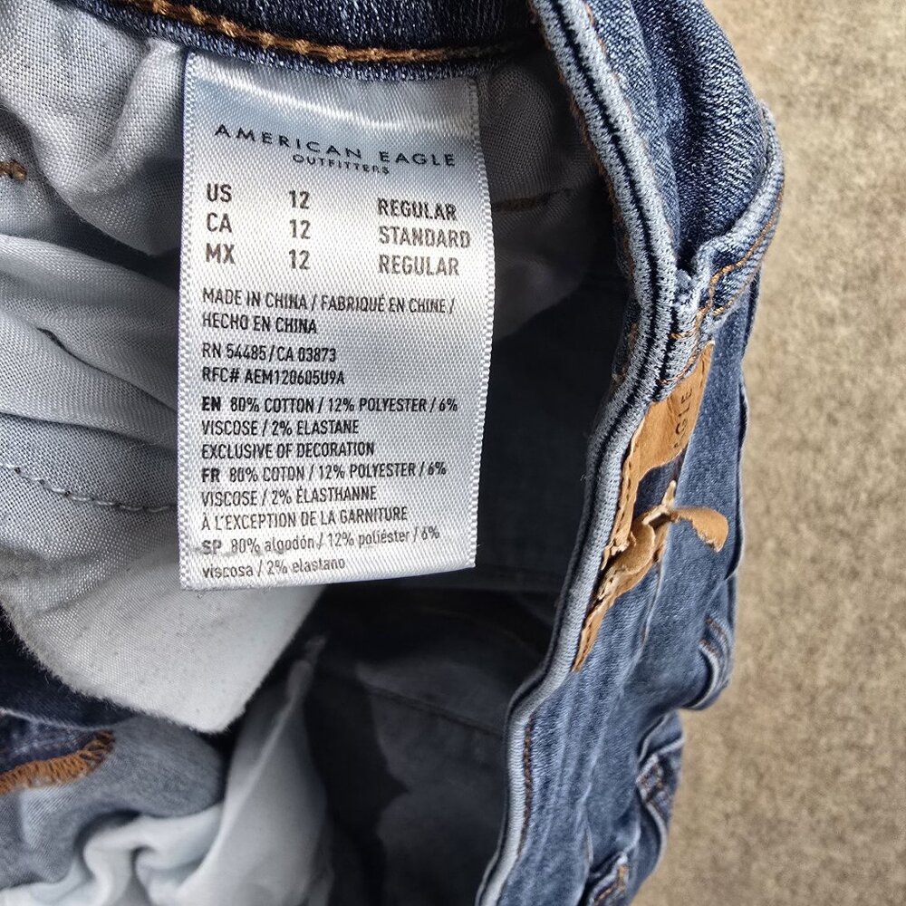 American Eagle Womens Flared Jeans Dark Wash Size 12 Stretch Denim Distressed - Picture 6 of 10